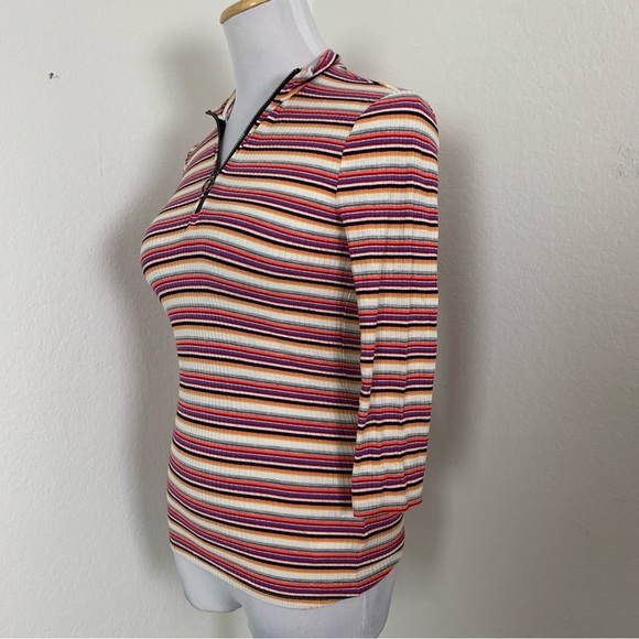 Express One Eleven Striped Ribbed Zip Neck Top 3/4 Sleeves Retro Size XS - Picture 15 of 16